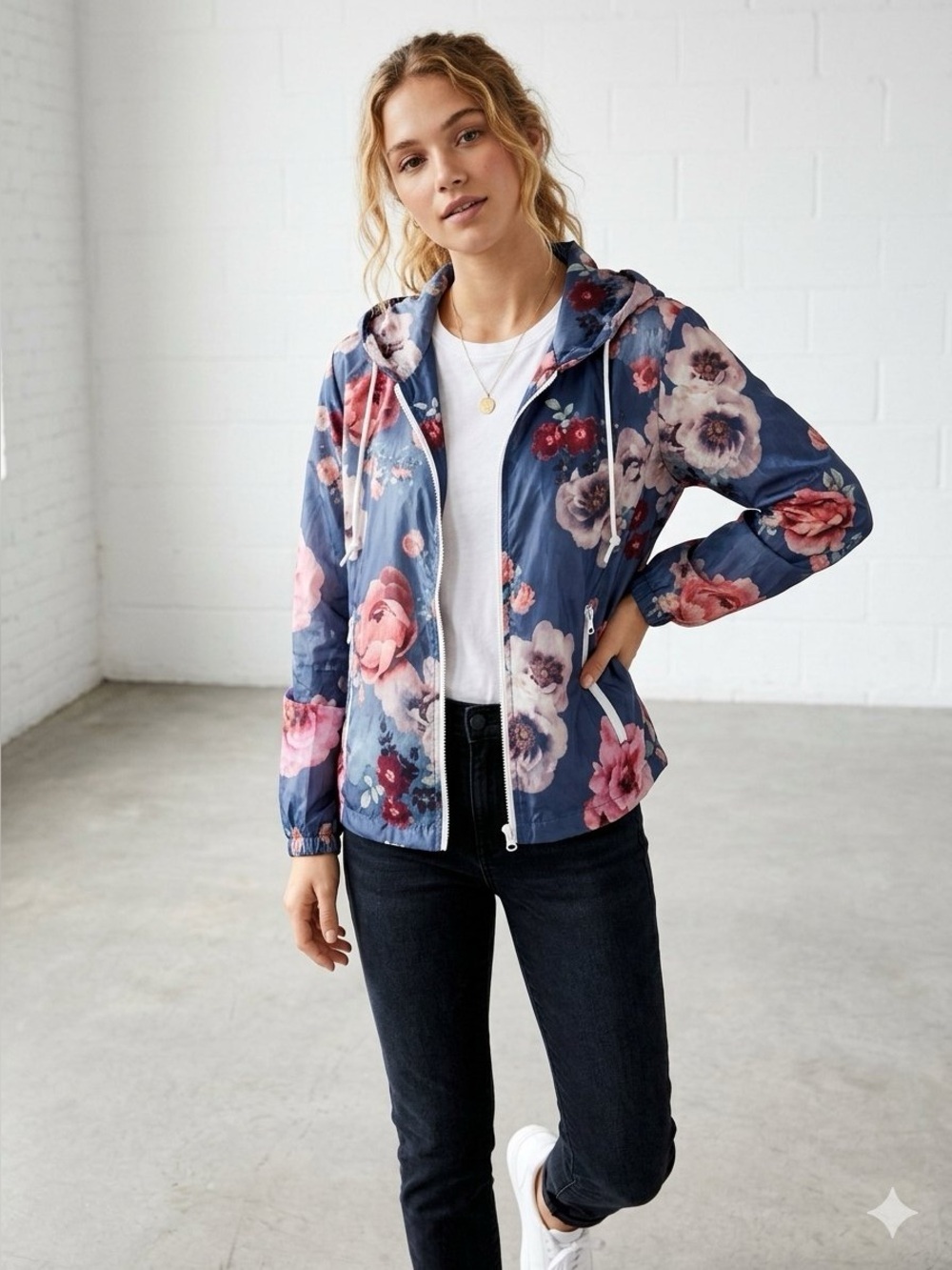 American Eagle Outfitters • Blue Pink Floral Athletic Zip Up Jacket Windbreaker